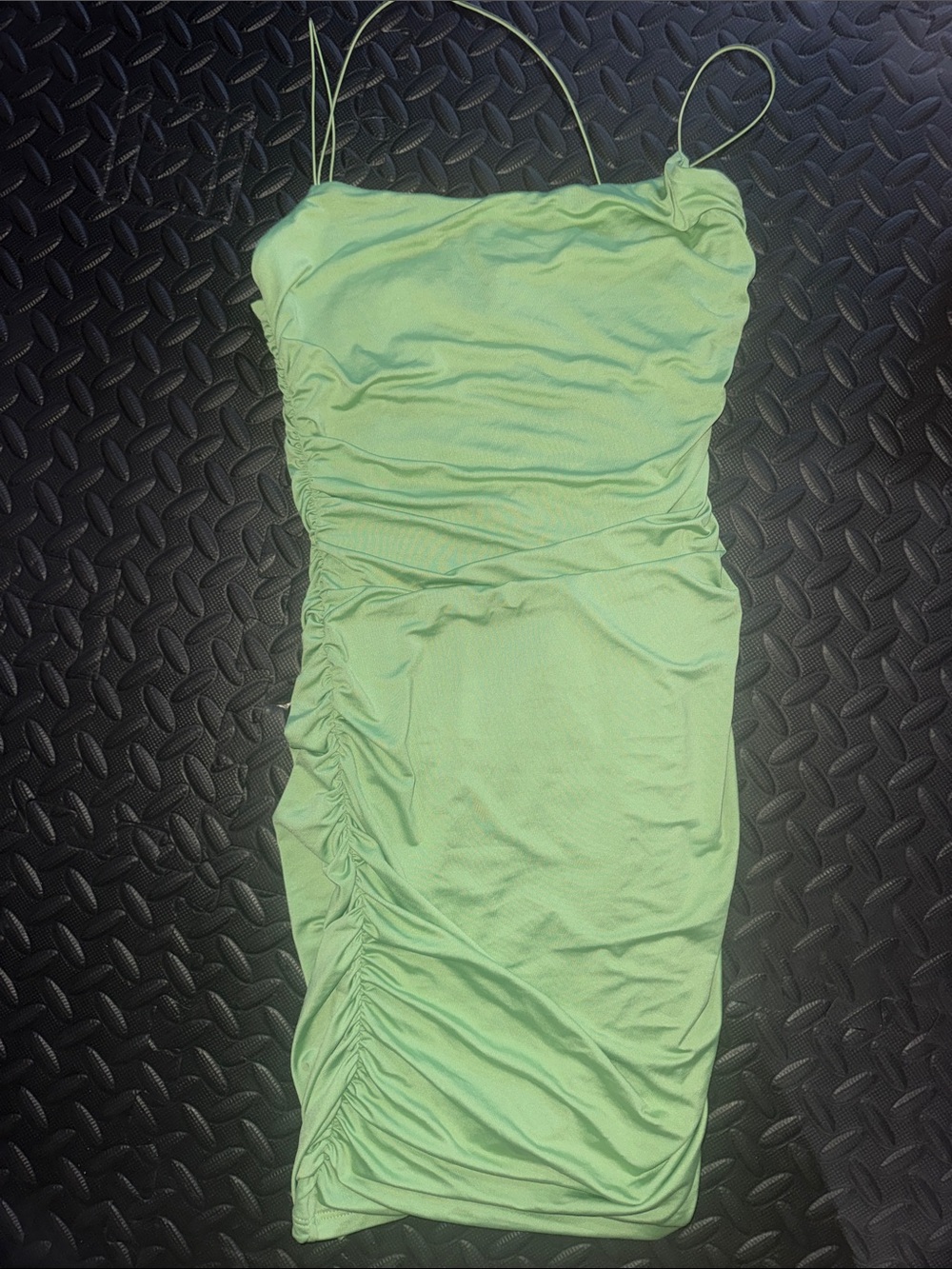 Oh Polly Light Green Ruched Spaghetti cross neck Strap Mini Dress